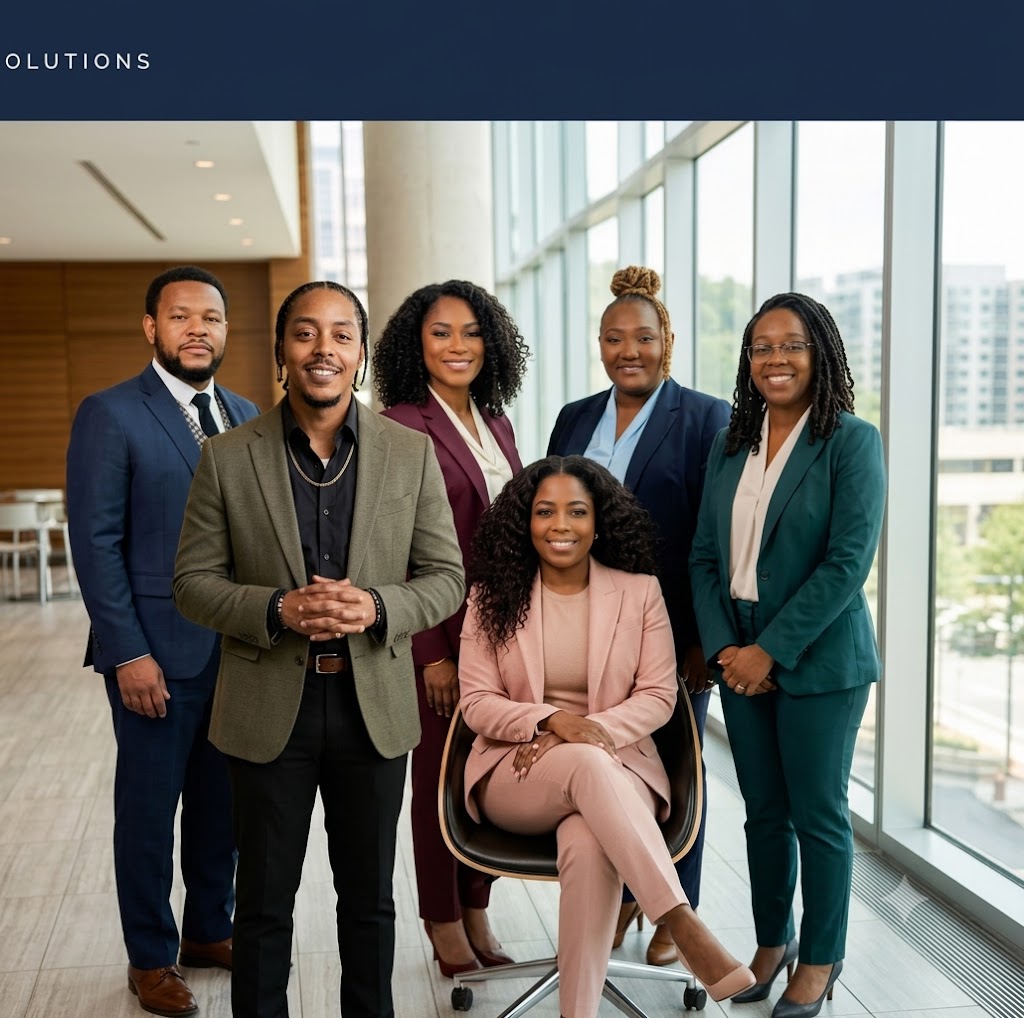Geaux Uptown Solutions Board of Directors — six executive leaders in a modern office lobby